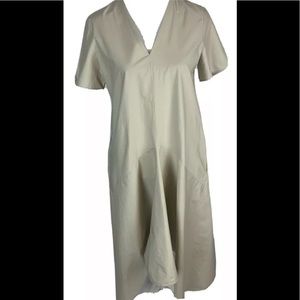 COS tan V neck swing dress-pockets-made in Turkey- Size 8
